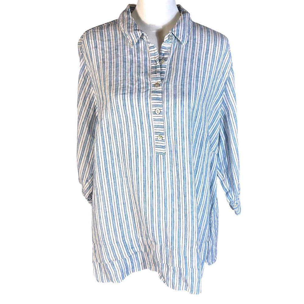 J. Jill Love Linen Tunic Women 2X Blue White Striped 3/4 Sleeve Button Top